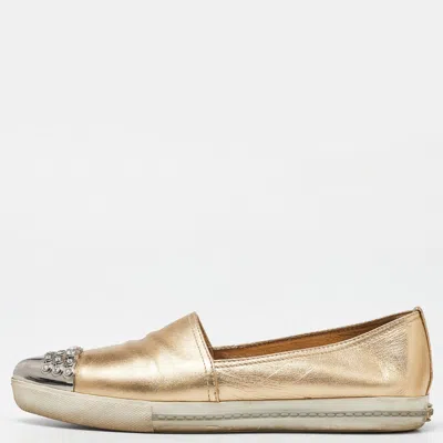 Pre-owned Miu Miu Gold Foil Leather Crystal Embellished Slip On Sneakers Size 41