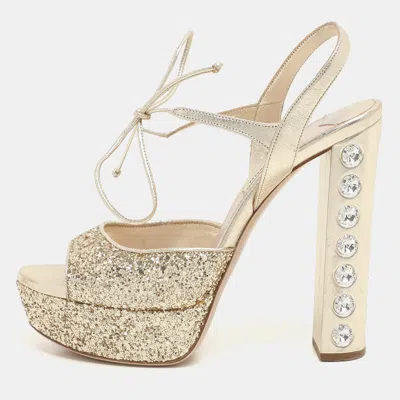 Pre-owned Miu Miu Gold Glitter Ankle Tie Platform Pumps Size 38