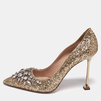 Pre-owned Miu Miu Gold Glitter Crystal Embellished Pointed Toe Pumps Size 40