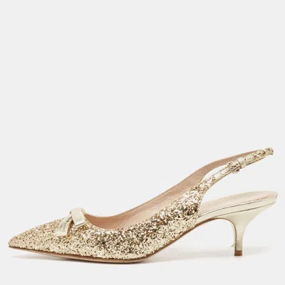 Pre-owned Miu Miu Gold Glitters And Leather Bow Slingback Pumps Size 37.5