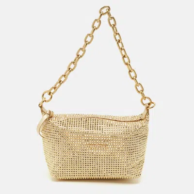 Pre-owned Miu Miu Gold Leather And Satin Crystals Embellished Chain Bag