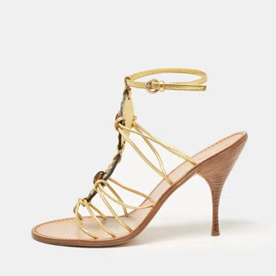 Pre-owned Miu Miu Gold Leather Crystal Embellished Ankle Strap Sandals Size 38.5
