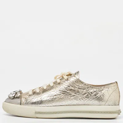 Pre-owned Miu Miu Gold Leather Crystal Embellished Cap-toe Low-top Sneakers Size 39