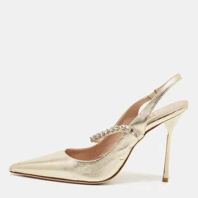 Pre-owned Miu Miu Gold Leather Crystal Embellished Decollete Slingback Pumps Size 38