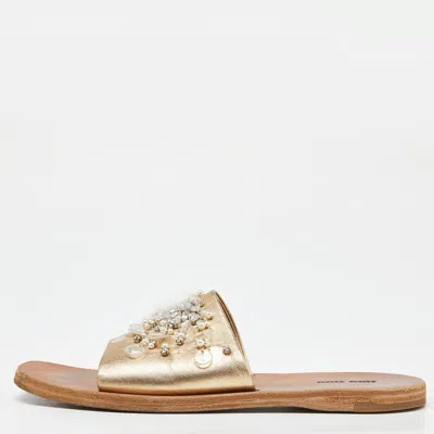 Pre-owned Miu Miu Gold Leather Crystal Embellished Open Toe Flat Slides Size 40