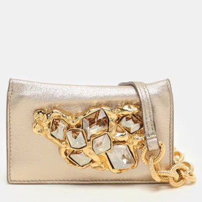Pre-owned Miu Miu Gold Leather Crystal Embellishment Chain Card Holder