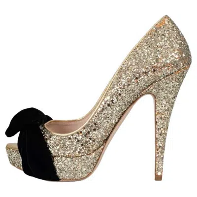 Pre-owned Miu Miu Gold Leather Peep-toe Heels With Velvet Bow Sz.38 In Brown