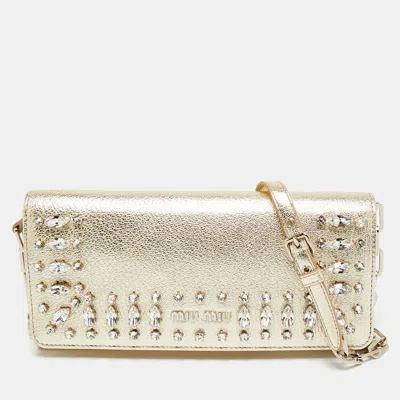 Pre-owned Miu Miu Gold Madras Ricamo Leather Crystal Embellished Chain Clutch