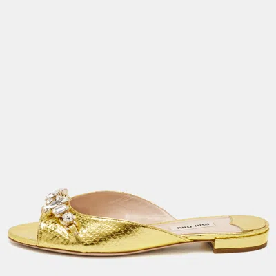 Pre-owned Miu Miu Gold Snakeskin Embossed Leather Bow Flat Sandals Size 36