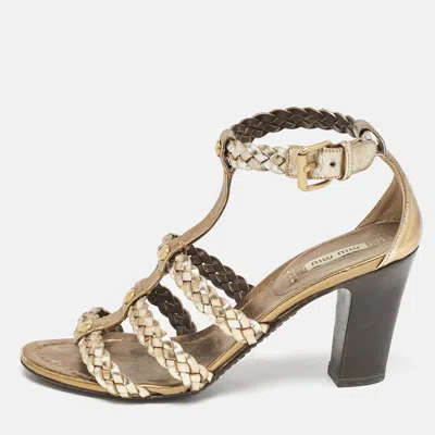 Pre-owned Miu Miu Gold Woven Leather Strappy Sandals Size 36.5