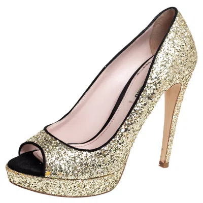 Pre-owned Miu Miu Gold/black Glitter And Suede Peep Toe Platform Pumps Size 38