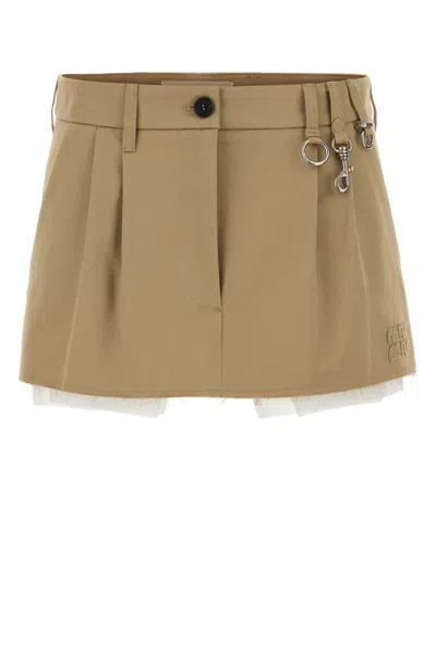 Miu Miu Pleated Cotton Skirt In Brown