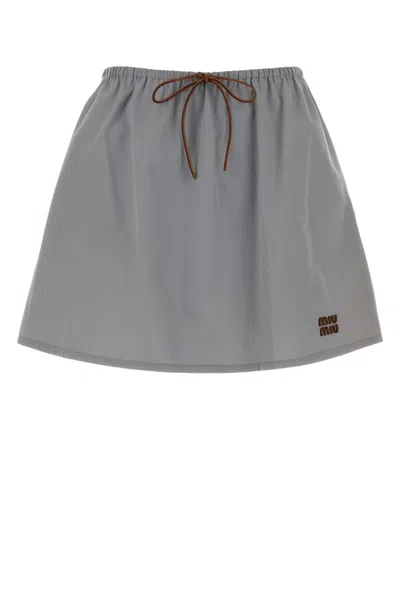 Miu Miu Panama Mini Skirt Drawstring Waist Logo In Gray