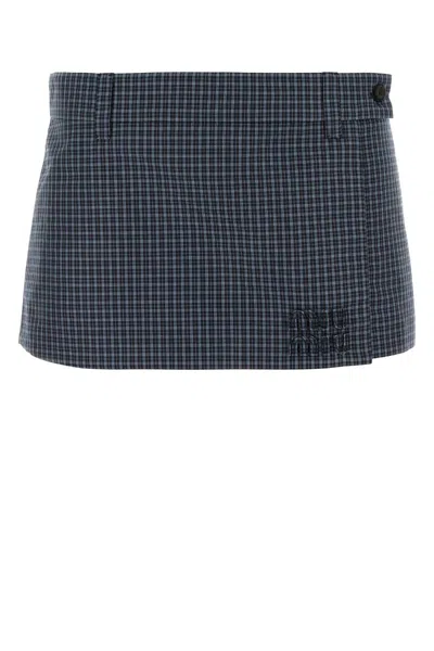 Miu Miu Tartan Cotton Blend Mini Skirt In Blue
