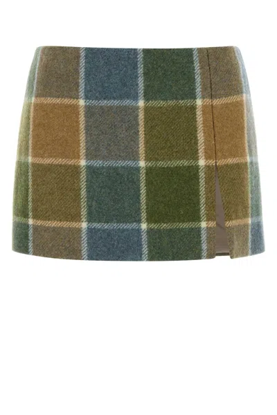 Miu Miu Wool Mini Skirt Plaid Side Slit In Multi
