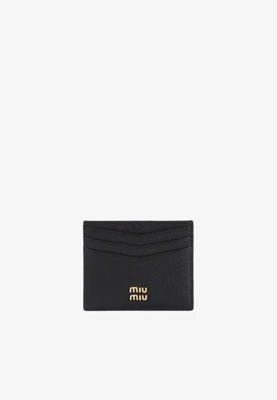 Miu Miu Grained Leather Logo Cardholder In Black
