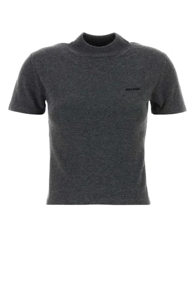Miu Miu Cashmere Sweater With Mock Neck And Short Sleeves In Gray