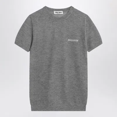 Miu Miu Gray Cashmere Sweater With Logo Women In Blue