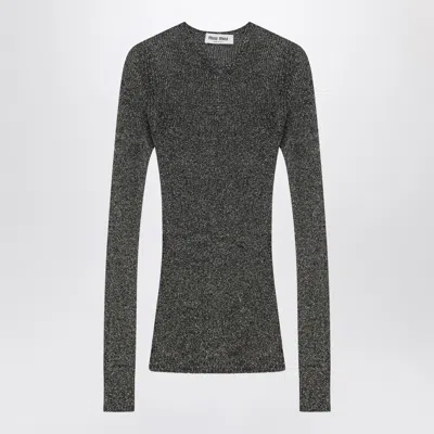 Miu Miu Knit Top Long Sleeves Round Neck Metallic In Gray