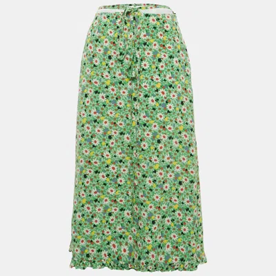 Pre-owned Miu Miu Green Botanical Marocain Silk Midi Skirt S