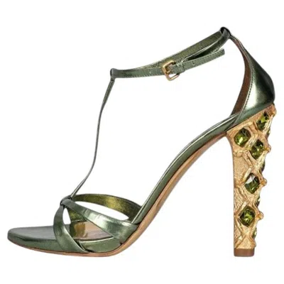 Pre-owned Miu Miu Green Leather Crystal Block Heel Sandals Sz 37.5