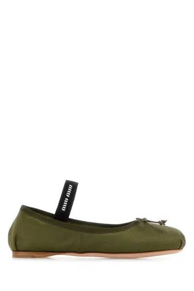 Miu Miu Green Satin Ballet Flats In Oliva