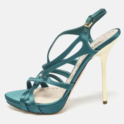 Pre-owned Miu Miu Green Satin Crisscross Ankle Strap Sandals Size 40.5
