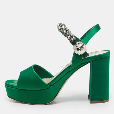 Pre-owned Miu Miu Green Satin Crystal Embellished Ankle Strap Block Heel Platform Sandals Size 38