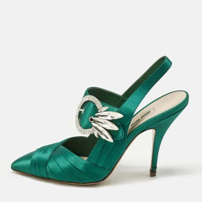 Pre-owned Miu Miu Green Satin Crystal Embellished Donna Slingback Pumps Size 37