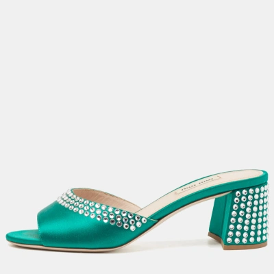 Pre-owned Miu Miu Green Satin Crystals Embellished Slide Sandals Size 38
