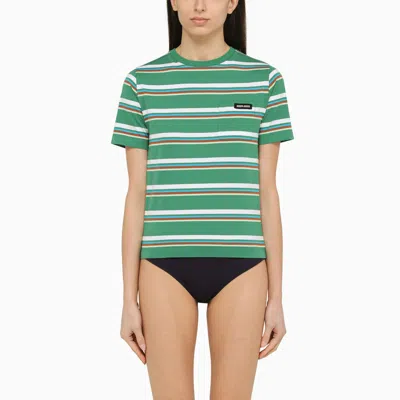 Miu Miu Striped Cotton T-shirt In F0f67 Verde Bianc