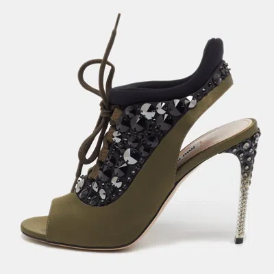 Pre-owned Miu Miu Green/black Satin And Neoprene Crystal Embellished Lace Up Slingback Sandals Size 38.5
