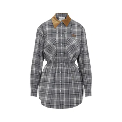 Miu Miu Grey Checkered Logo Dress In Gray