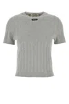Miu Miu Cotton Crew Neck Sweater With Ribbed Texture In Gray
