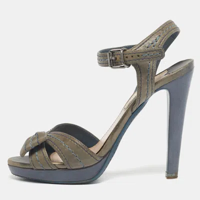 Pre-owned Miu Miu Grey Leather Bow Ankle Strap Sandals Size 38 In Gray