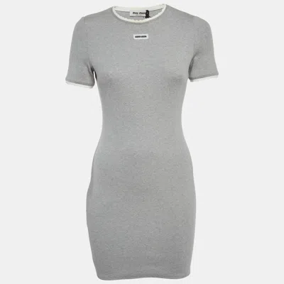 Pre-owned Miu Miu Grey Logo Patch Rib Knit Mini Dress S In Gray