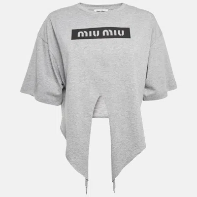 Pre-owned Miu Miu Grey Logo Print Cotton Knotted Crop Top M