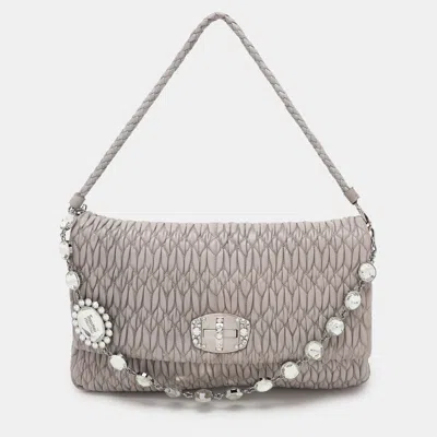 Pre-owned Miu Miu Grey Matelassé Nappa Leather Crystal Shoulder Bag