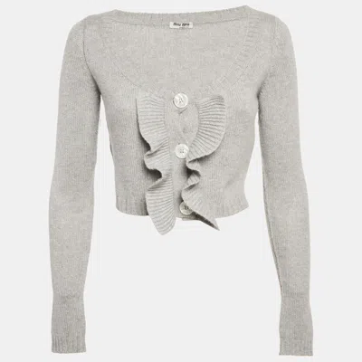 Pre-owned Miu Miu Grey Rib Knit Ruffled Crop Cardigan S