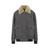 Miu Miu Grey Shearling-collared Jacket With Classic Check Pattern In Gray
