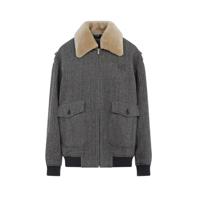 Miu Miu Grey Shearling-collared Jacket With Classic Check Pattern In Gray