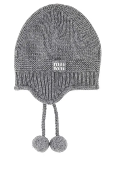 MIU MIU GREY WOOL BLEND BEANIE HAT