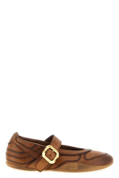 Miu Miu Gymnasium Leather Ballet Flats Round Toe In Brown