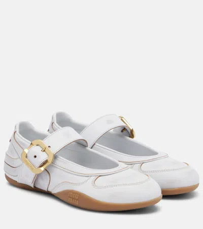 Miu Miu Gymnasium Leather Ballerinas With Strap And Buckle In White
