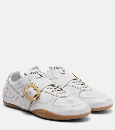 Miu Miu Used-effect Leather Sneakers With Metal Buckle Detail In White