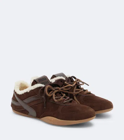 Miu Miu Suede Sneakers Featuring Refined Rubber Sole In Brown