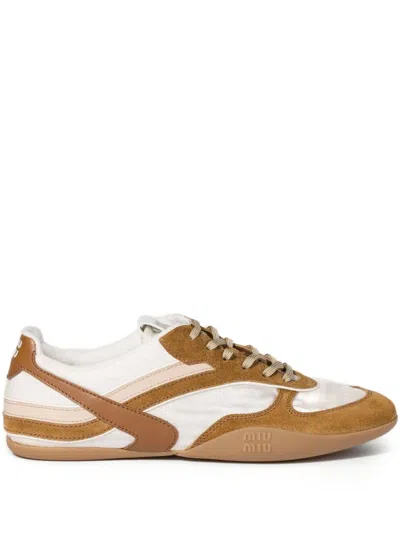 Miu Miu Gymnasium Sneakers In Technical Fabric And Suede In Neutral