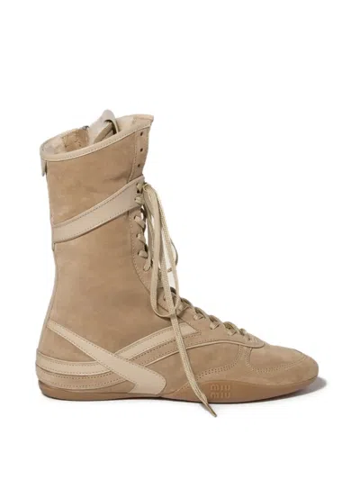 Miu Miu Gymnasium Suede And Shearling Boxer Boots In Neutral