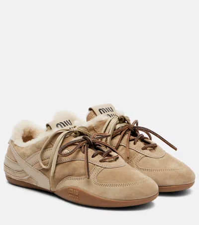 Miu Miu Suede Sneakers Featuring Contrast Panel Detail In Brown