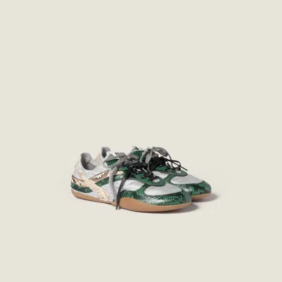 Miu Miu Gymnasium Technical Fabric And Python-print Ayers Leather Trainers In Green